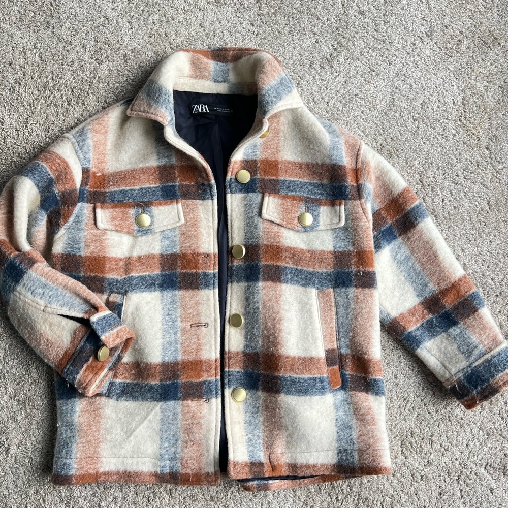Zara Plaid Jean Jacket - Cream, Blue, Brown